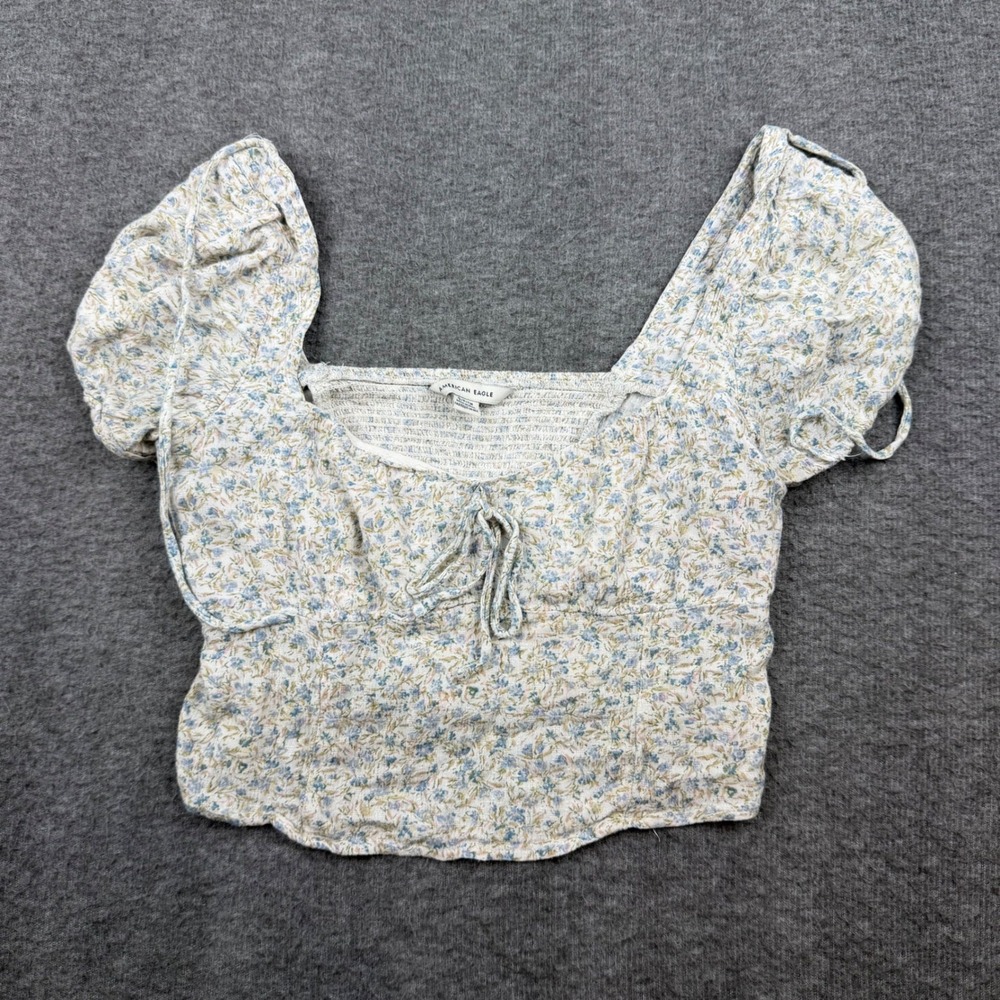 American Eagle Floral Puff Sleeve Top Women's Small Blue White Smocked Crop